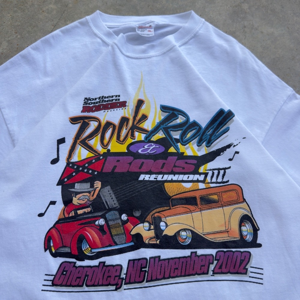 Vintage Y2K Anvil Rock Roll & Hotrods Reunion 2002 Graphic Tee White XL (f3)